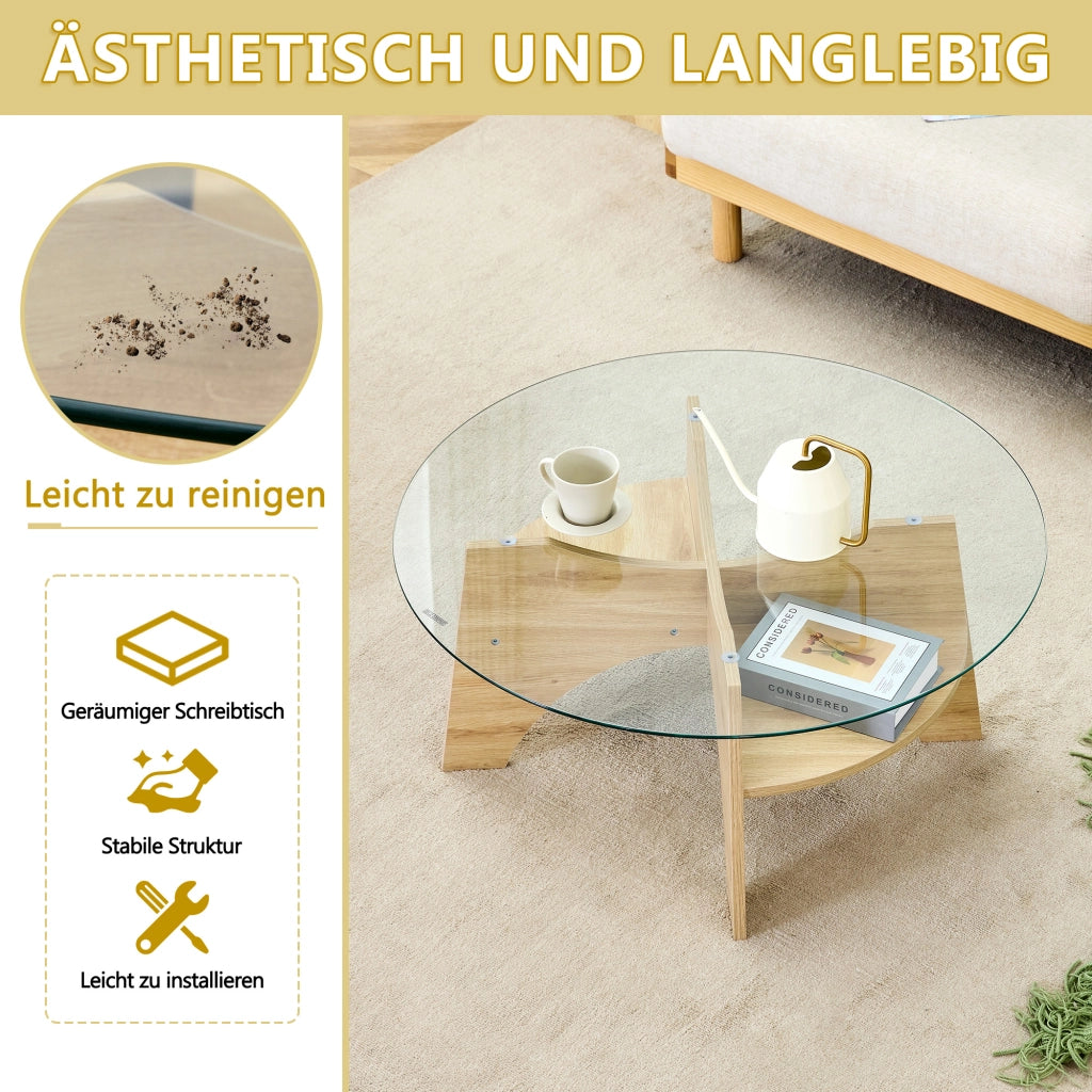 Tavolino da caff¨¨ rotondo moderno in vetro ¨C ? 80 cm con piano trasparente, design multifunzionale. Struttura a ventaglio, gambe in MDF effetto legno
