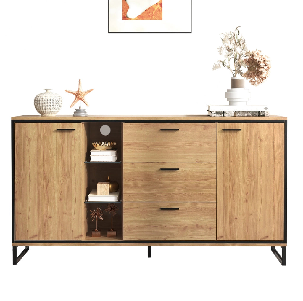 Credenza moderna 160x40x85 cm in pannello truciolare; colore naturale con LED a 16 colori