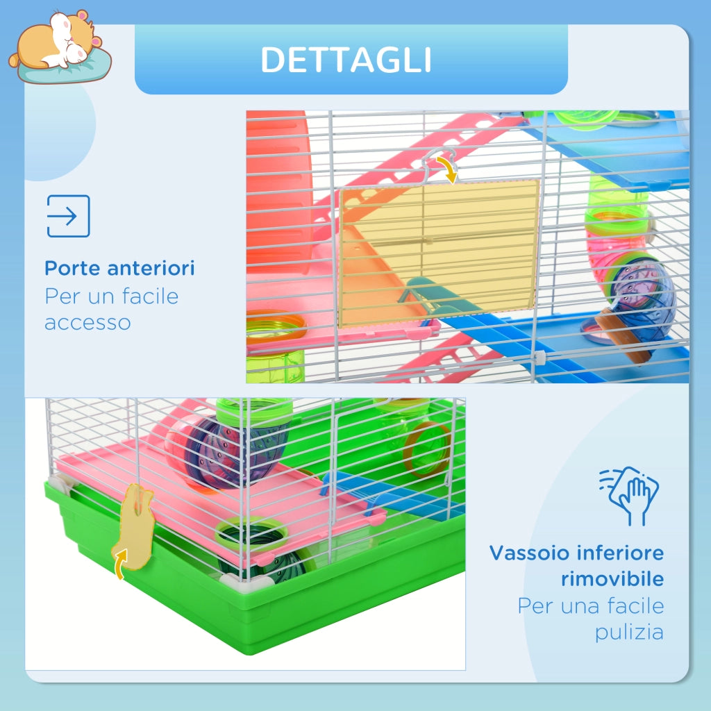 Gabbia per Criceti a 5 Livelli con Tubi, Ruota, Casetta, Scale e Bottiglia, Gabbietta per Roditori in Metallo e Plastica, 46x30x58 cm, Verde