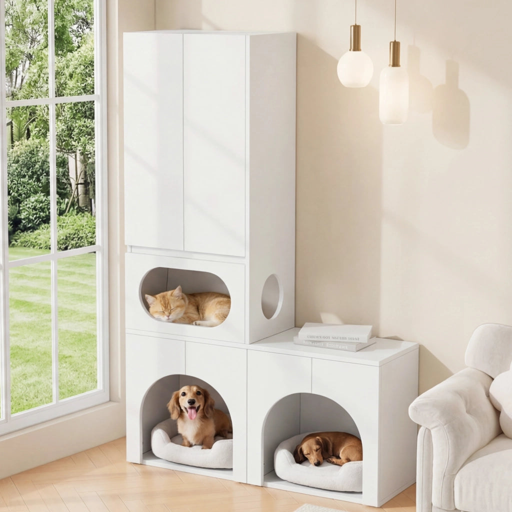 Mobile Lettiera per 2 Gatti 140×45×195 cm con Zona Relax; Armadio Contenitore e Doppio Vano; Bianco