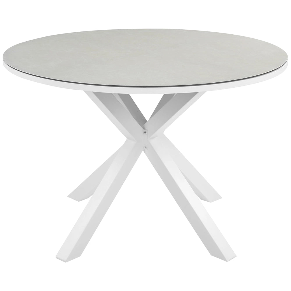 Set da pranzo 4 posti composto da tavolo in alluminio con piano in vetro ceramico e sedie con cuscini grigi giardino terrazzo elegante