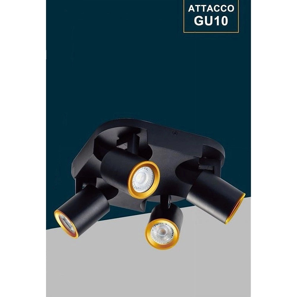 Trade Shop - Plafoniera 4 Diffusori Orientabile Soffitto Parete Lampada Gu10 Bianco Nero Th8805 - Nero