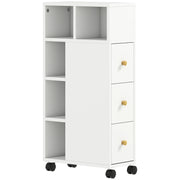 Mobiletto da bagno stretto, con 4 ruote, 3 cassetti, 5 vani a giorno, 20x40x80 cm, bianco.