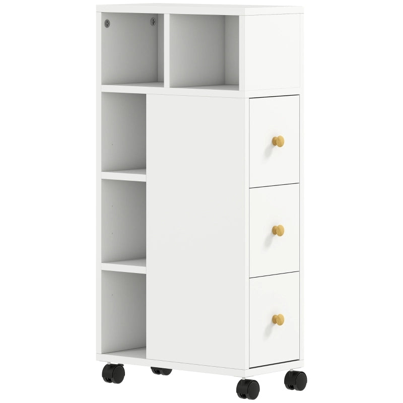 Mobiletto da bagno stretto, con 4 ruote, 3 cassetti, 5 vani a giorno, 20x40x80 cm, bianco.