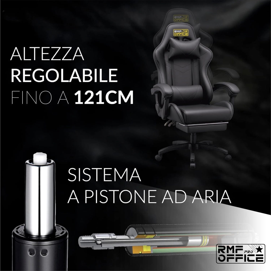 RMF Sedia Gaming Professionale Ergonomica Reclinabile, Poltrona Gaming Seduta Comoda e Rilassante con Poggiapiedi - Sedia per Gamer con Ruote Girevoli, Altezza Regolabile (Nera)