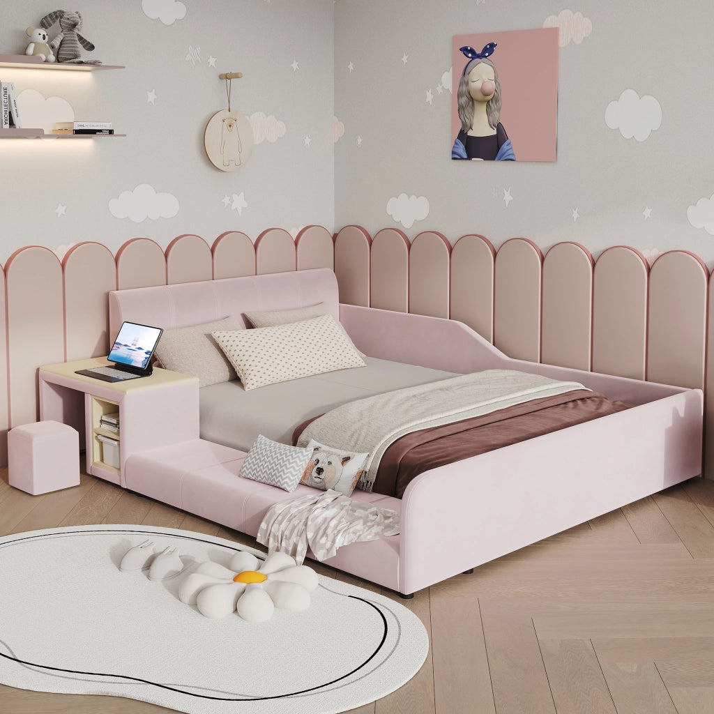 LETTO imbottito 140x200 cm Velluto Rosa con scrivania, sgabello e ripiano