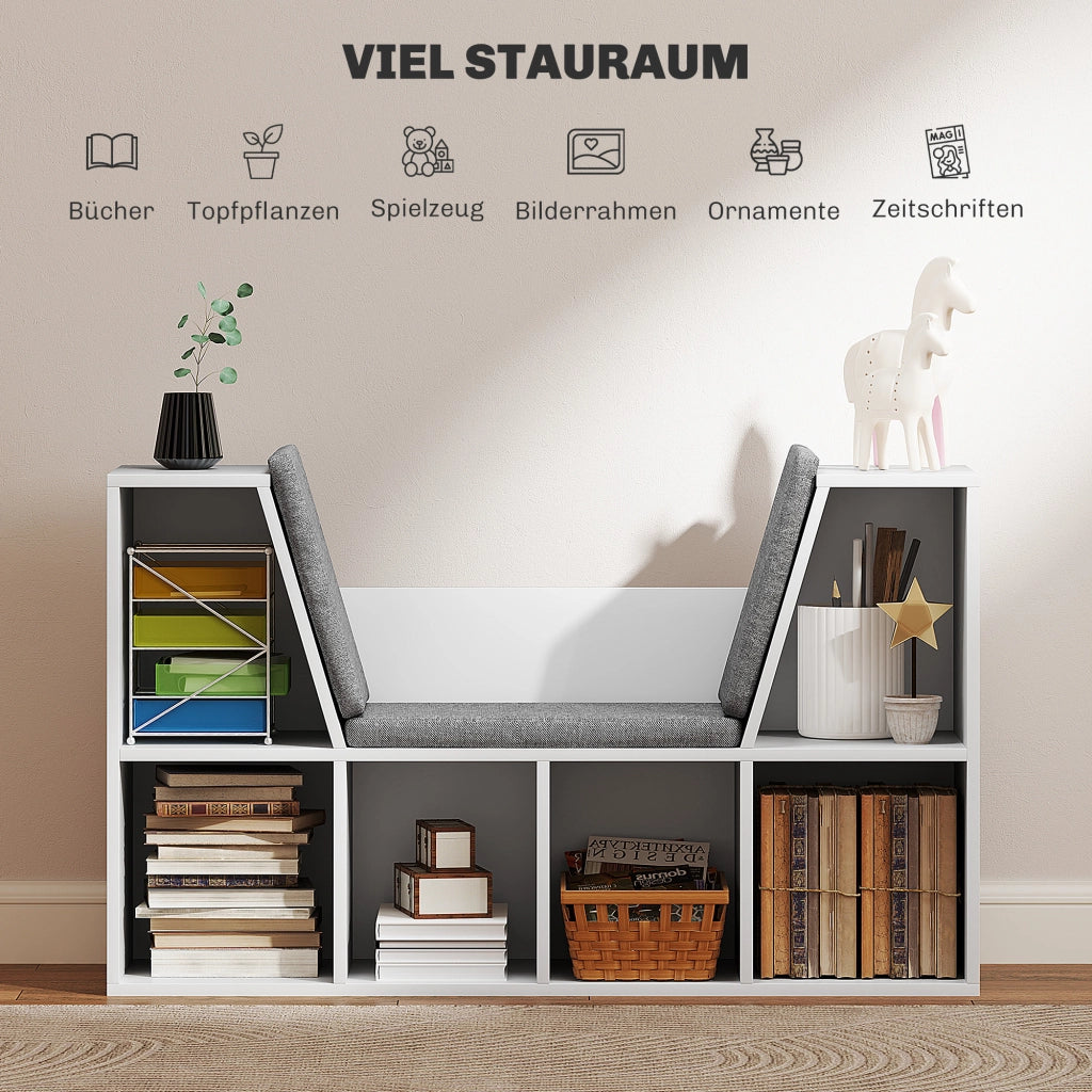 Libreria con cuscino di seduta, ripiano contenitore con 6 scomparti, effetto lino, piccola libreria per soggiorno, camera da letto, 105 x 30 x 63 cm,