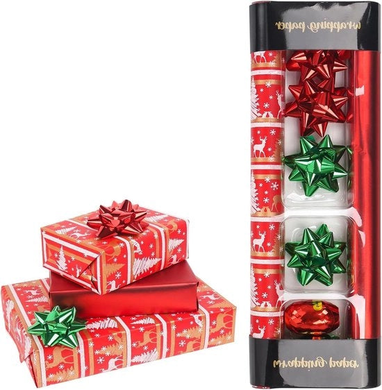 Pacco di Carta da Regalo - 2 Pacchi 43cm x 5m Carta Metallicata in Rosso con Nastri e Fiocchi per Feste di Compleanno, Festival e Decorazioni di Natale