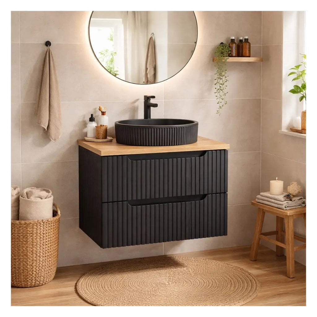 Set da bagno VANO 60cm: mobile sottolavabo con cassetti scanalati verticalmente + piano per lavabo effetto rovere