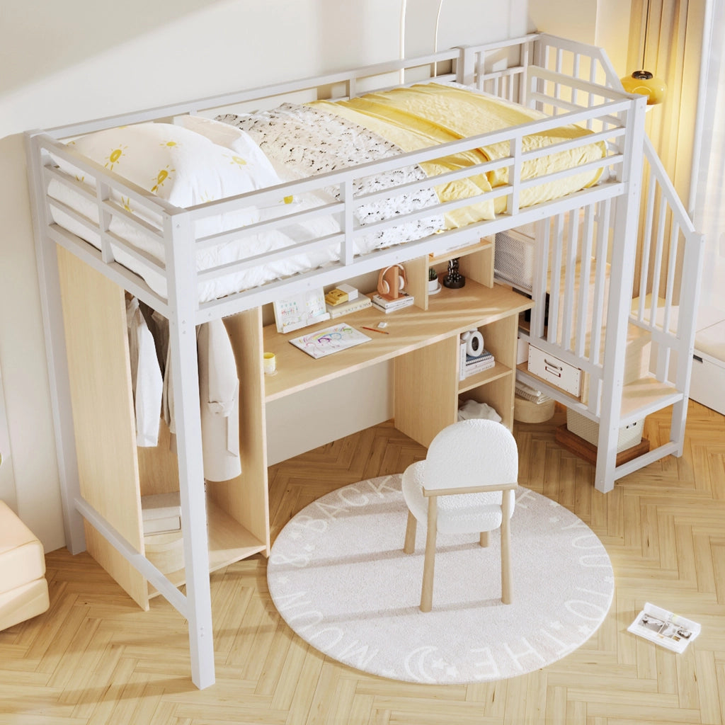 Letto a soppalco con armadio e scrivania - Zephmum- 90x200 cm, struttura in ferro, spazio di archiviazione, bianco