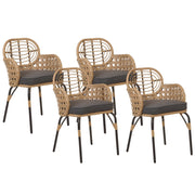 Set di 4 sedie in rattan con cuscino di seduta e poggia braccia naturale intrecciato stile boho esterni interni