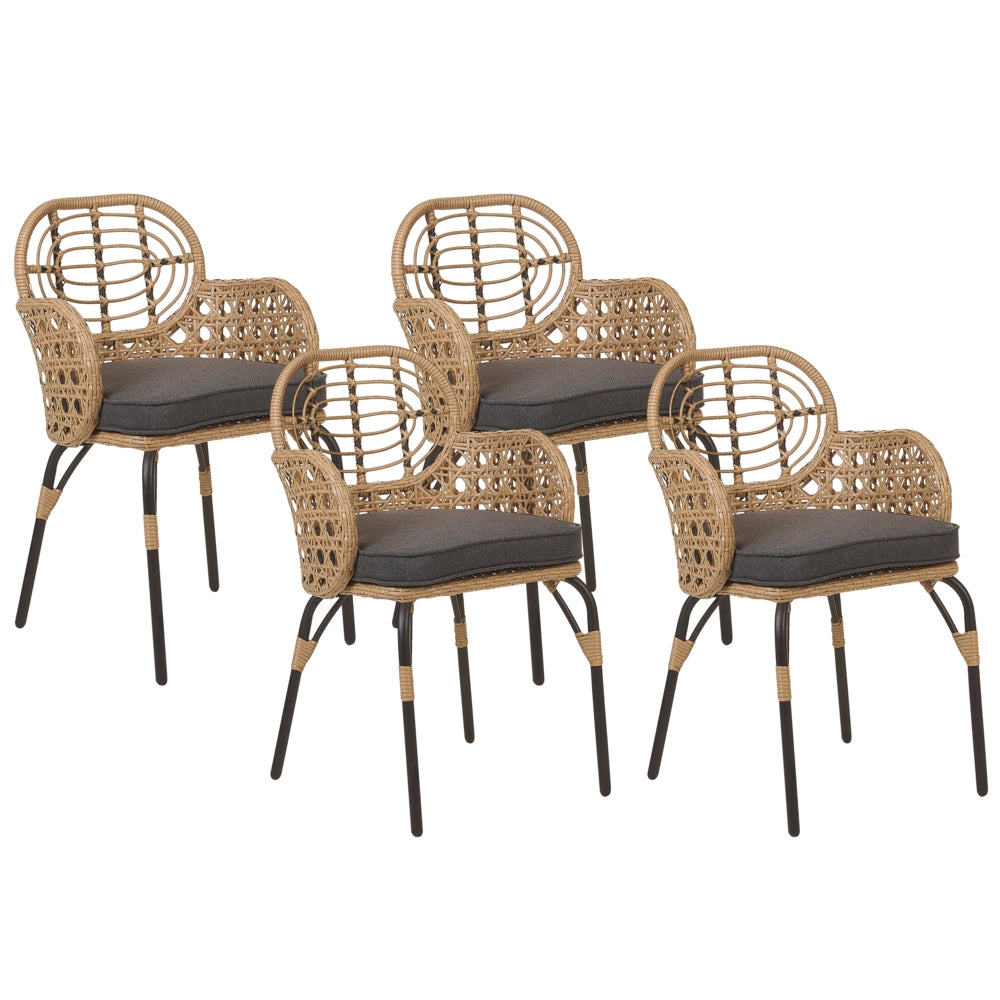 Set di 4 sedie in rattan con cuscino di seduta e poggia braccia naturale intrecciato stile boho esterni interni
