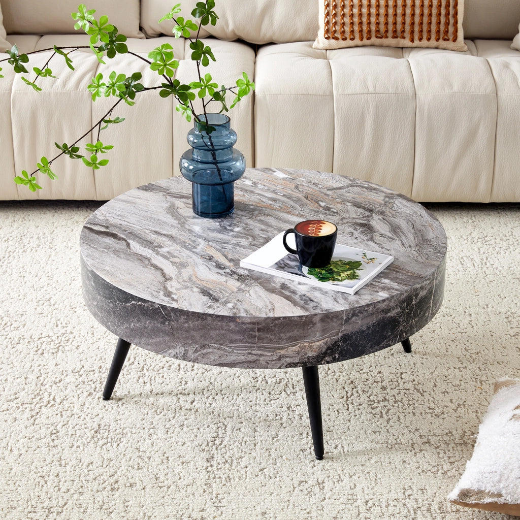 Tavolino rotondo da caff¨¨ con diametro di 70 cm in MDF effetto marmo grigio e gambe in metallo nero. Design minimalista, ideale per soggiorni e piccol