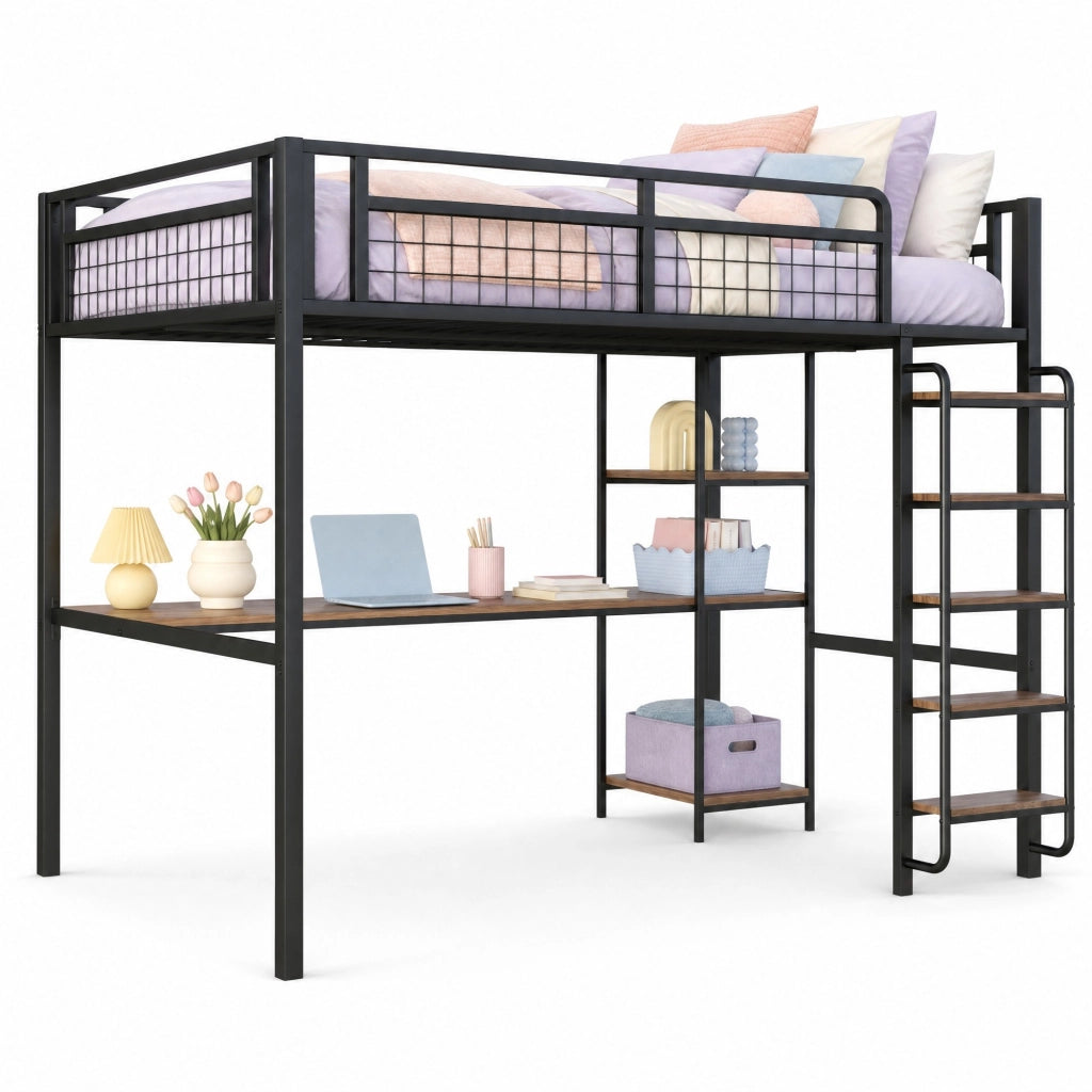 Letto a soppalco in metallo 140x200 cm con scrivania e ripiani, nero