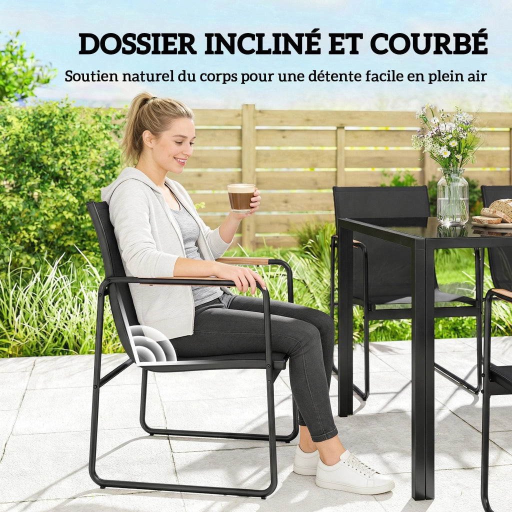 Set Pranzo Giardino 7 Pezzi 6 Persone ¨C Xylo ¨C Tavolo Vetro Sedie Acciaio Nero