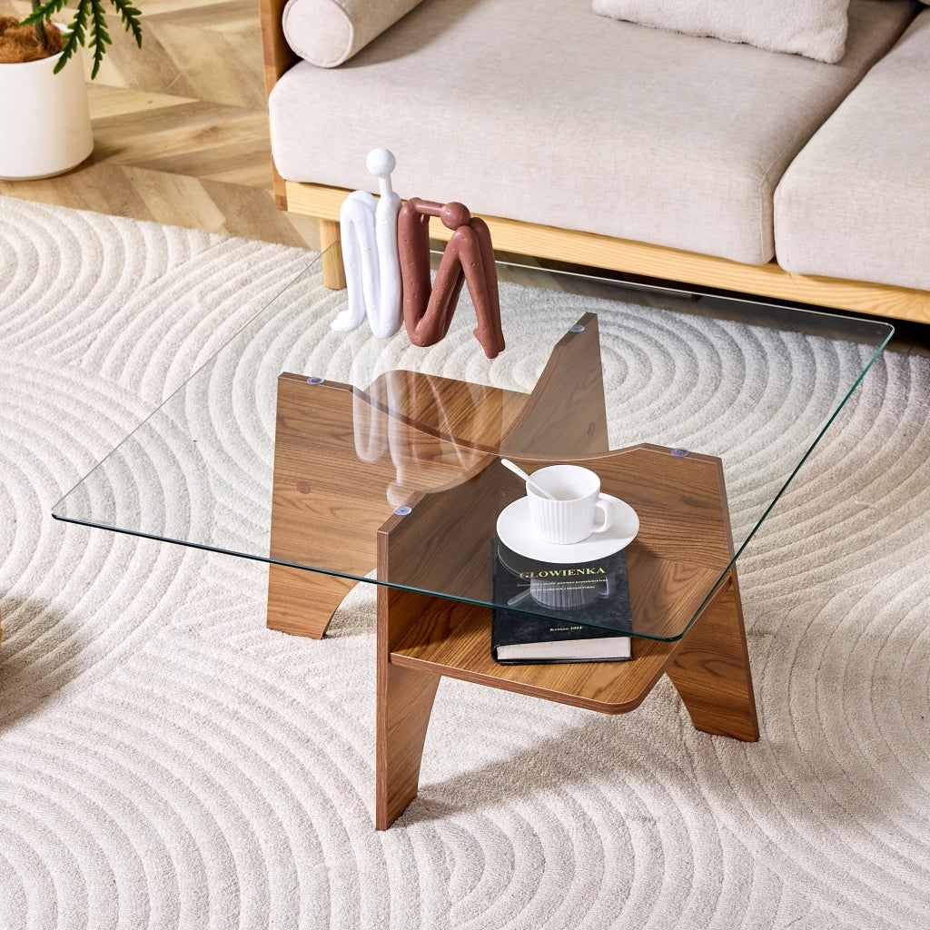 Tavolino/tavolino da caff¨¨ moderno di forma quadrata, realizzato in vetro temperato ¨C lati di 80 cm. Gambe in MDF con finitura effetto noce. Ideale pe