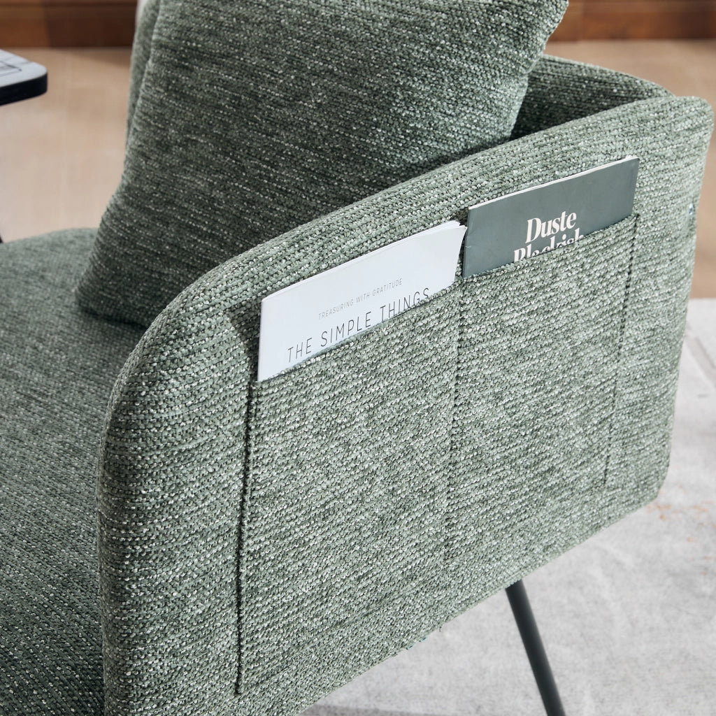 Fauteuil con tavolino laterale e tasche portaoggetti, seduta imbottita in ciniglia verde smeraldo 86 × 72 × 71 cm