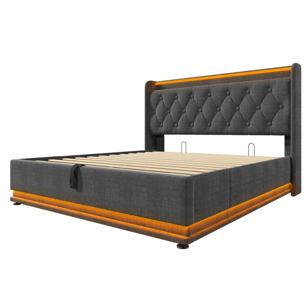 Letto matrimoniale 140×200 cm con contenitore; LED; USB e Type-C; testiera imbottita; materasso incluso; grigio