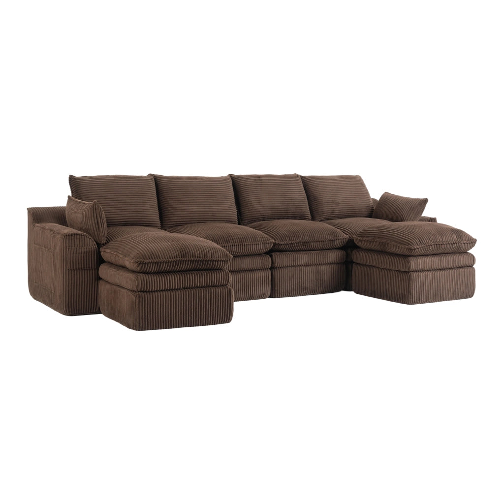 Divano Modulare 4 Posti con 2 Pouf ¨C MINIMAL ¨C Tessuto a Coste, Cuscini, Marrone