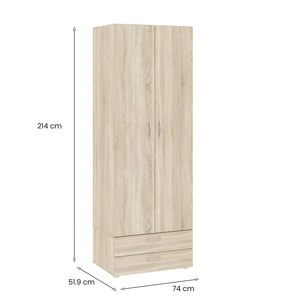 Guardaroba 2 ante Buriasco, Mobile camera da letto, Cabina armadio portabiti, Armadio appendiabiti, 74x52 h214 cm, Rovere