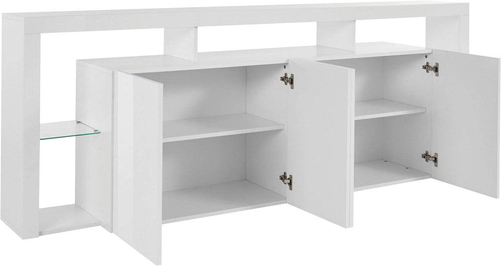 Credenza con 4 Ante e Ripiani in Vetro a Giorno 220x40x80 cm Essential 3A Bianco Lucido