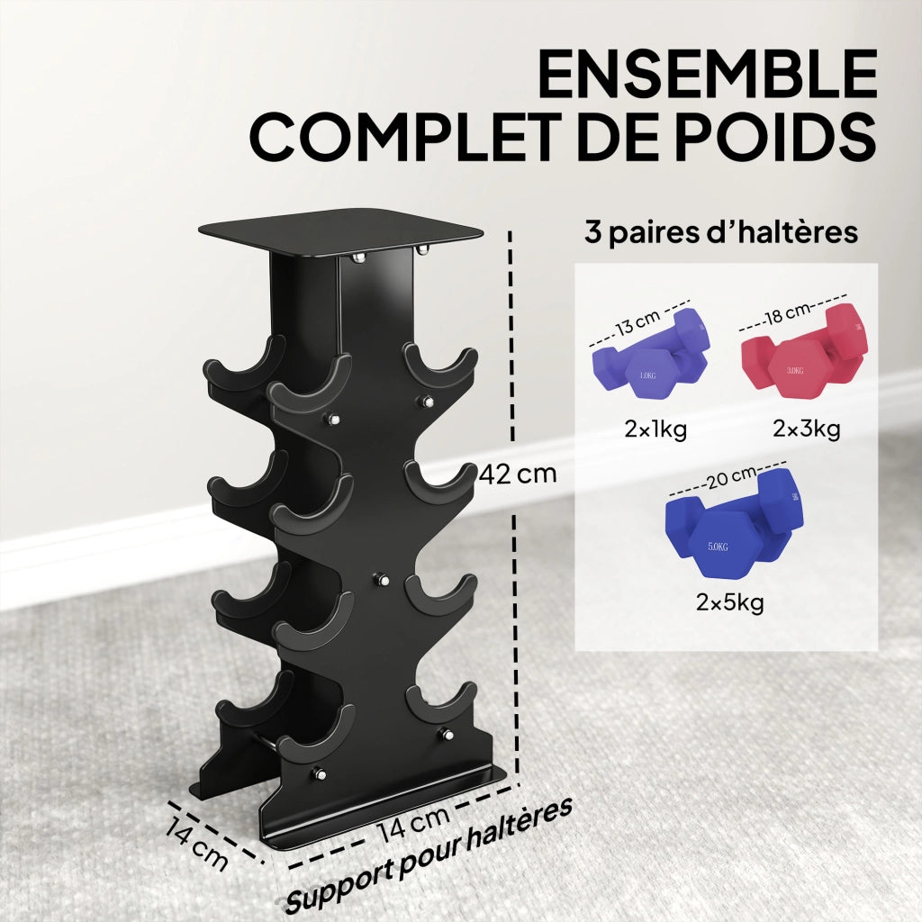 Set 3 Manubri Esagonali con Supporto ¨C Xylo ¨C 2x1kg 2x3kg 2x5kg Impugnatura Antiscivolo