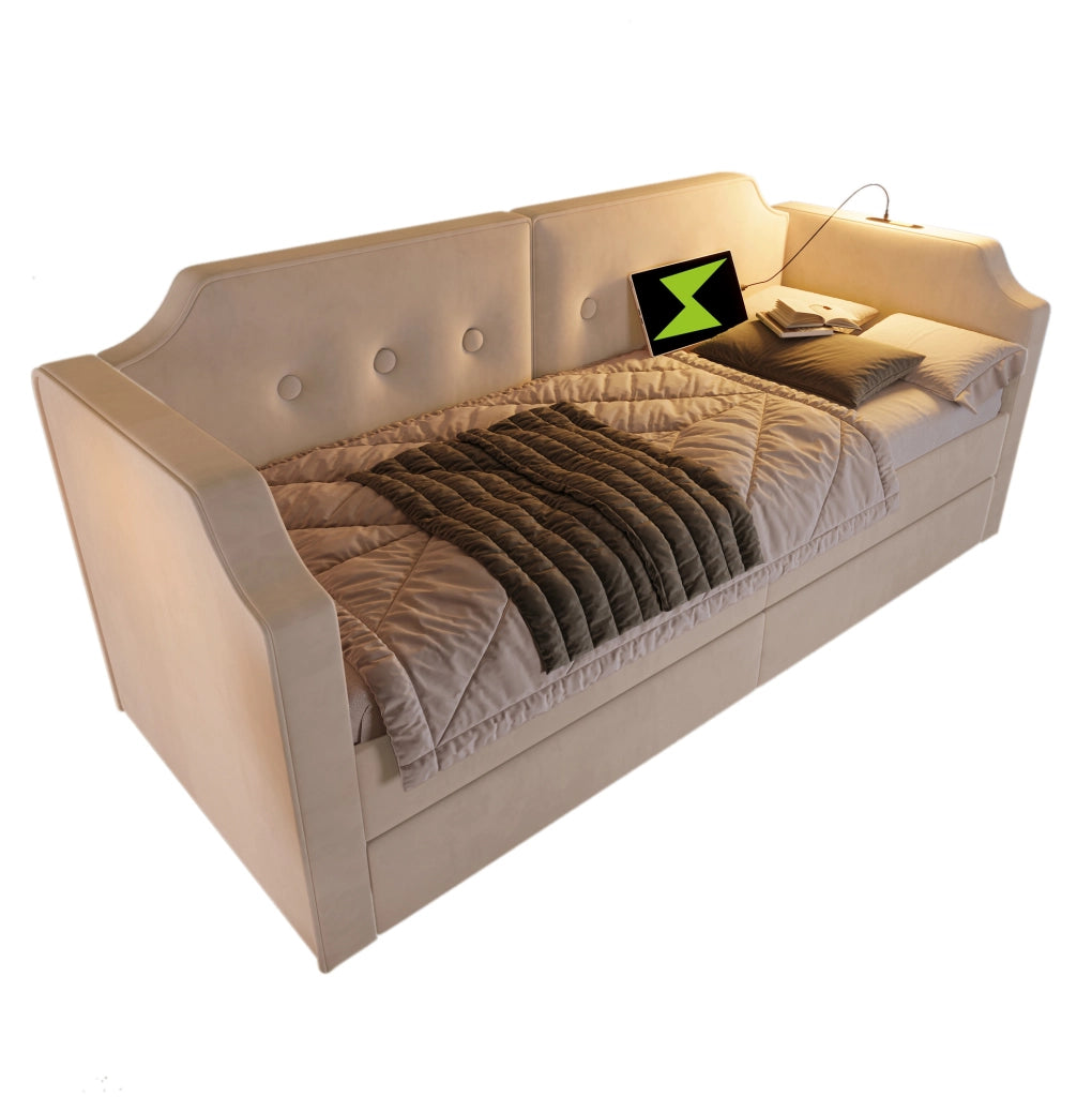 Letto imbottito 90x200 cm con cassetti, luce da lettura e USB Type-C