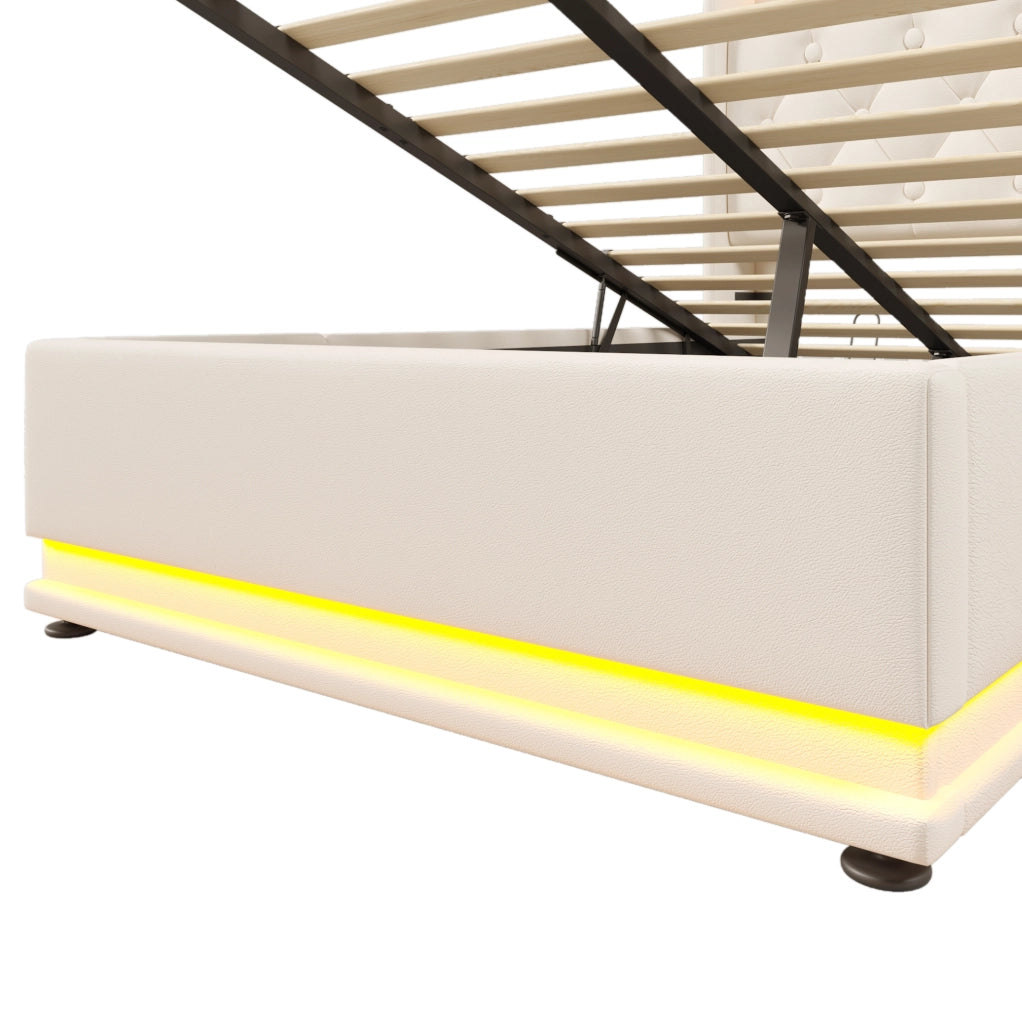 Letto singolo imbottito 90x200 cm in PU bianco con LED; USB e contenitore idraulico