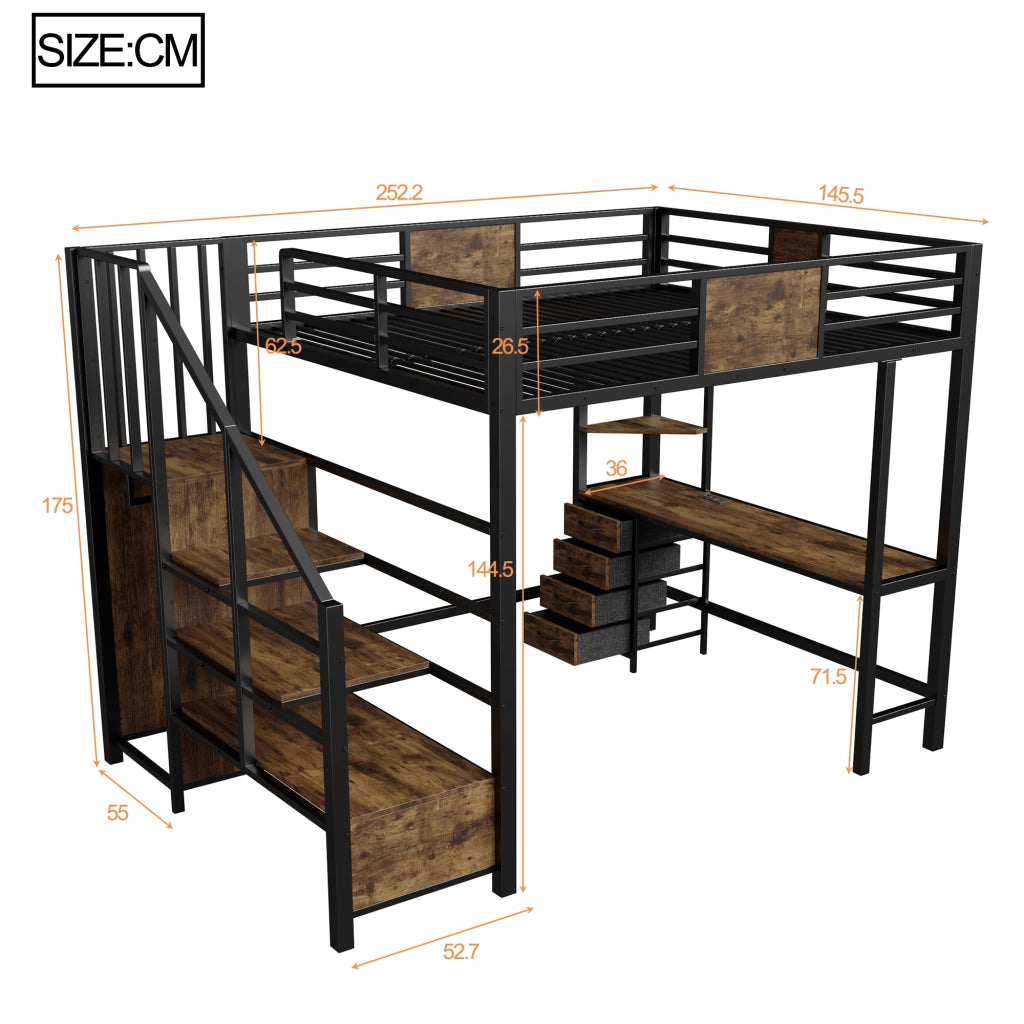 Letto a soppalco 140×200 cm 1 posto con scrivania; mensole; LED e presa europea; senza materasso; in metallo nero