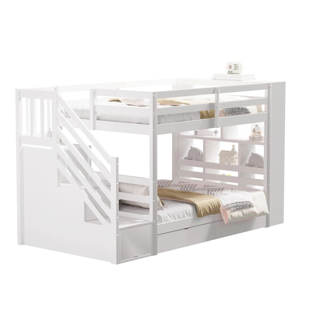 OKWISH Letto a Castello 90×200 cm, Letto Singolo con Scala con Contenitori, 2 Cassetti, Armadietti e Sponde Alte, senza Materasso, Bianco