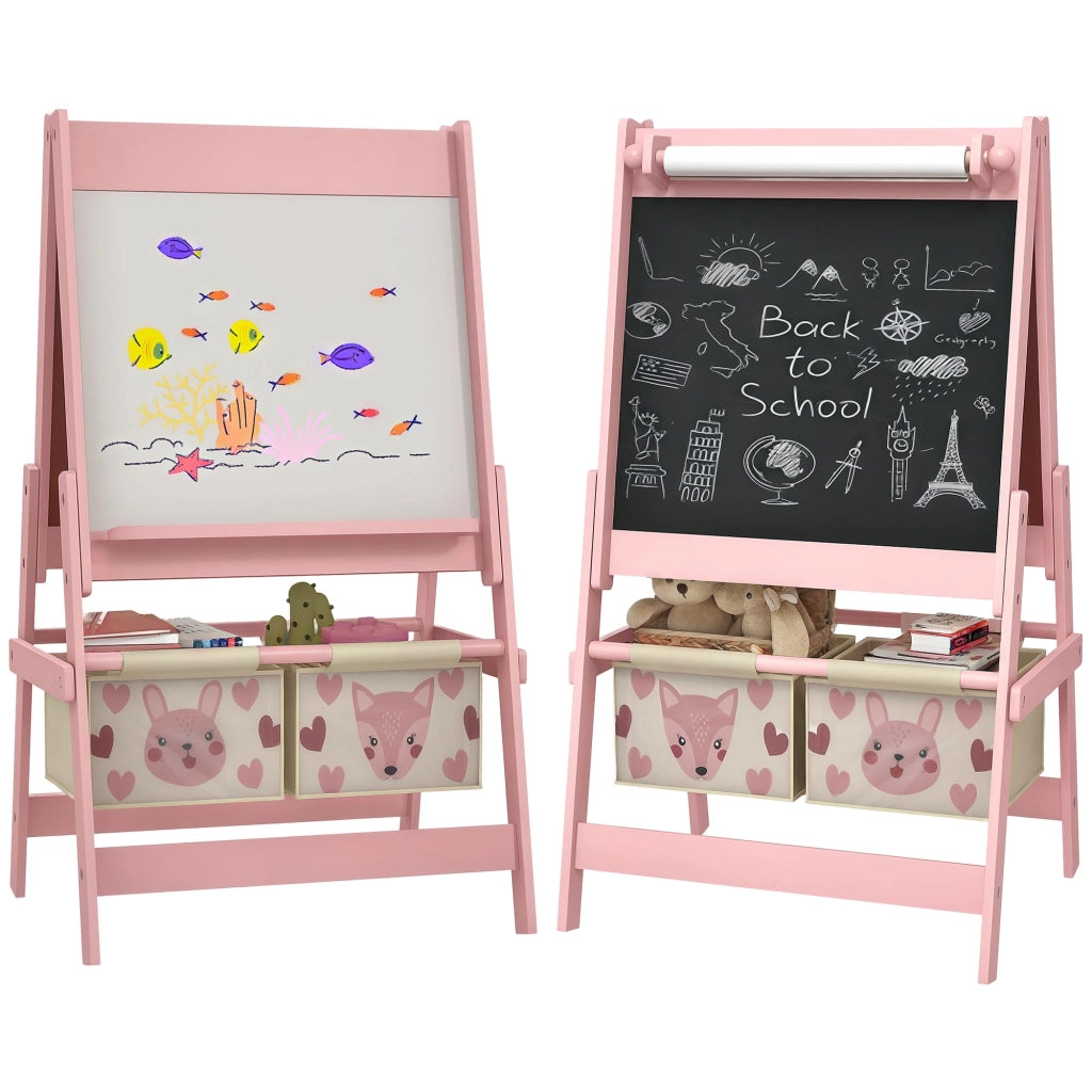 Lavagna cavalletto bambini doppia faccia con rotolo carta e 2 cestini ¨C Xylo ¨C Rosa 54x46,5x93cm