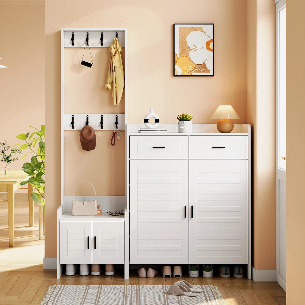 Combinazione di mobile da ingresso, appendiabiti e scarpiera, 2 cassetti, 8 ganci, 125 x 36 x 165 cm, bianco