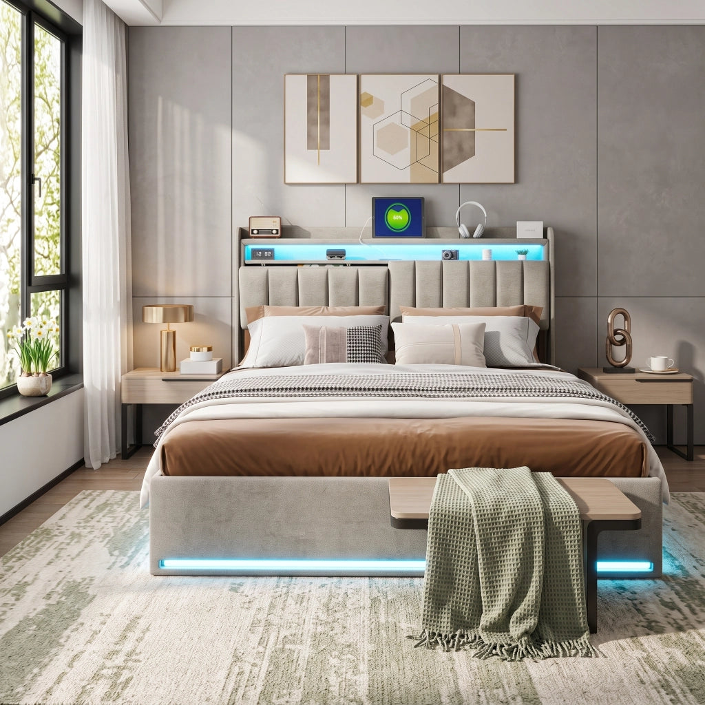 Letto matrimoniale 160x200 con contenitore;letto matrimoniale contenitore con testiera LED;struttura letto matrimoniale imbottita in velluto grigio