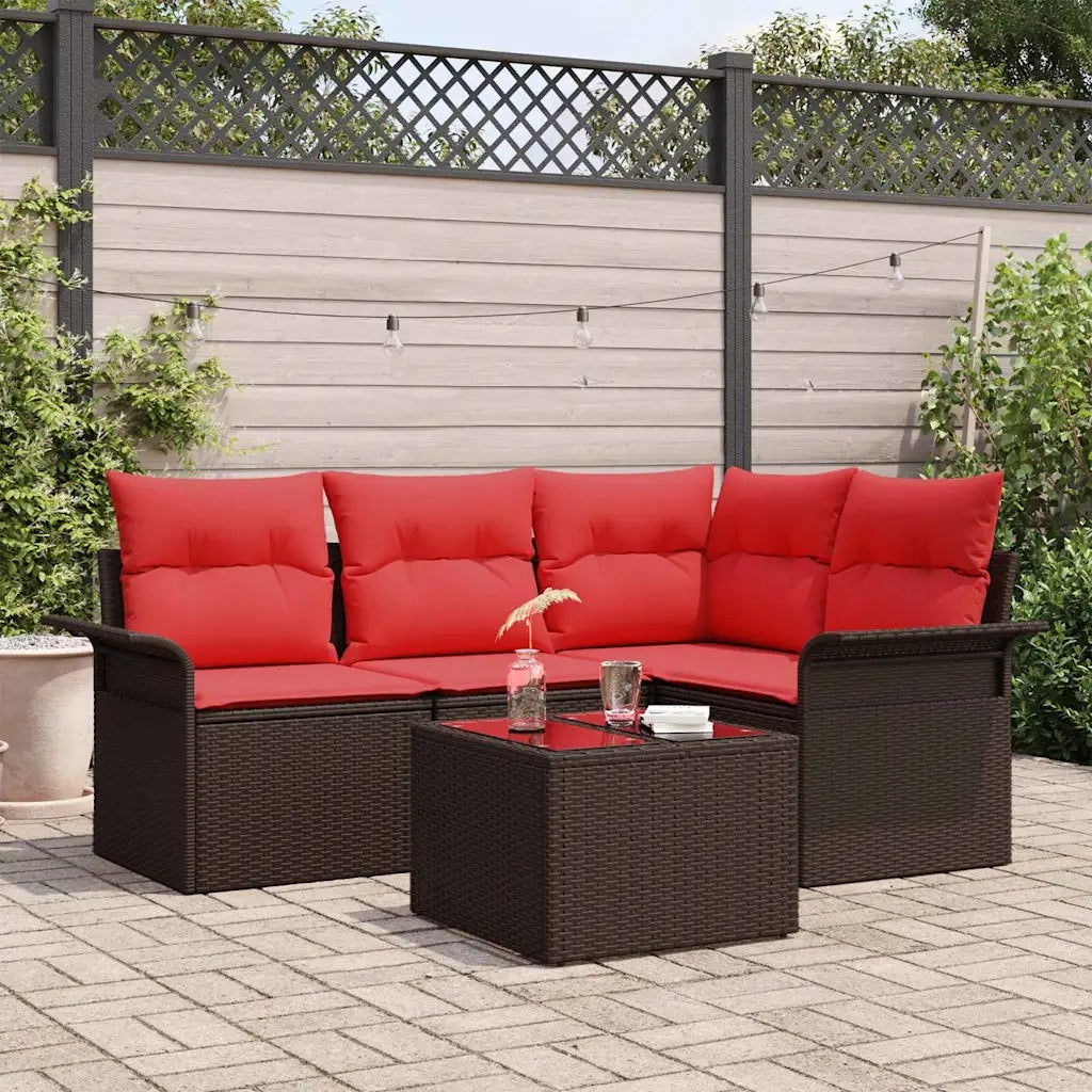 Set Divano da Giardino con cuscino 5 pz | Set Salotto da Giardino Marrone polyrattan