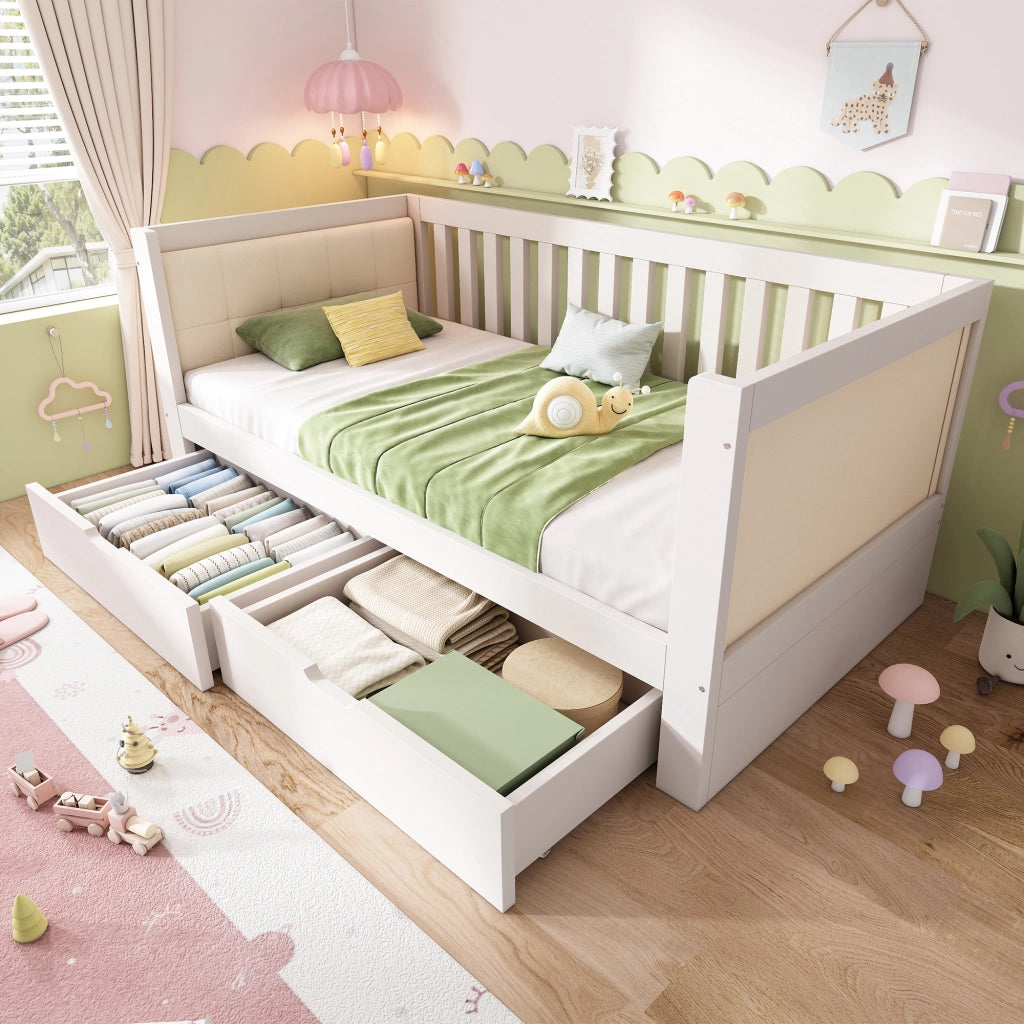 DESMIU Divano letto 90 × 190 cm 1 piazza con 2 cassetti, senza materasso, in legno, bianco