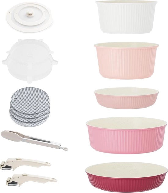 Set di pentole antiaderenti - 7 pezzi - rosa - con maniglie ergonomiche