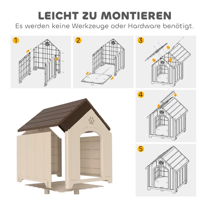 Cuccia per cani resistente alle intemperie, 88 x 79 x 89 cm. Cuccia rialzata con tetto incernierato in asfalto e ancoraggi a terra.