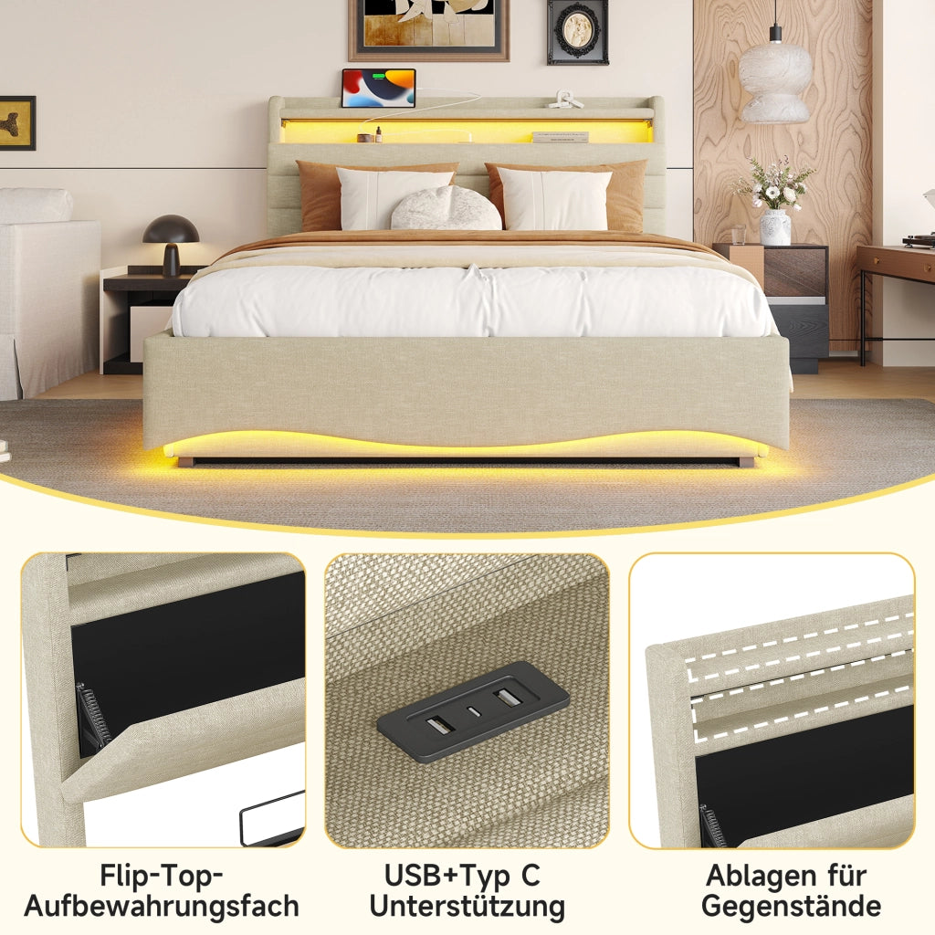 LETTO Contenitore 140x200 cm Lino Beige con LED, USB e Type-C