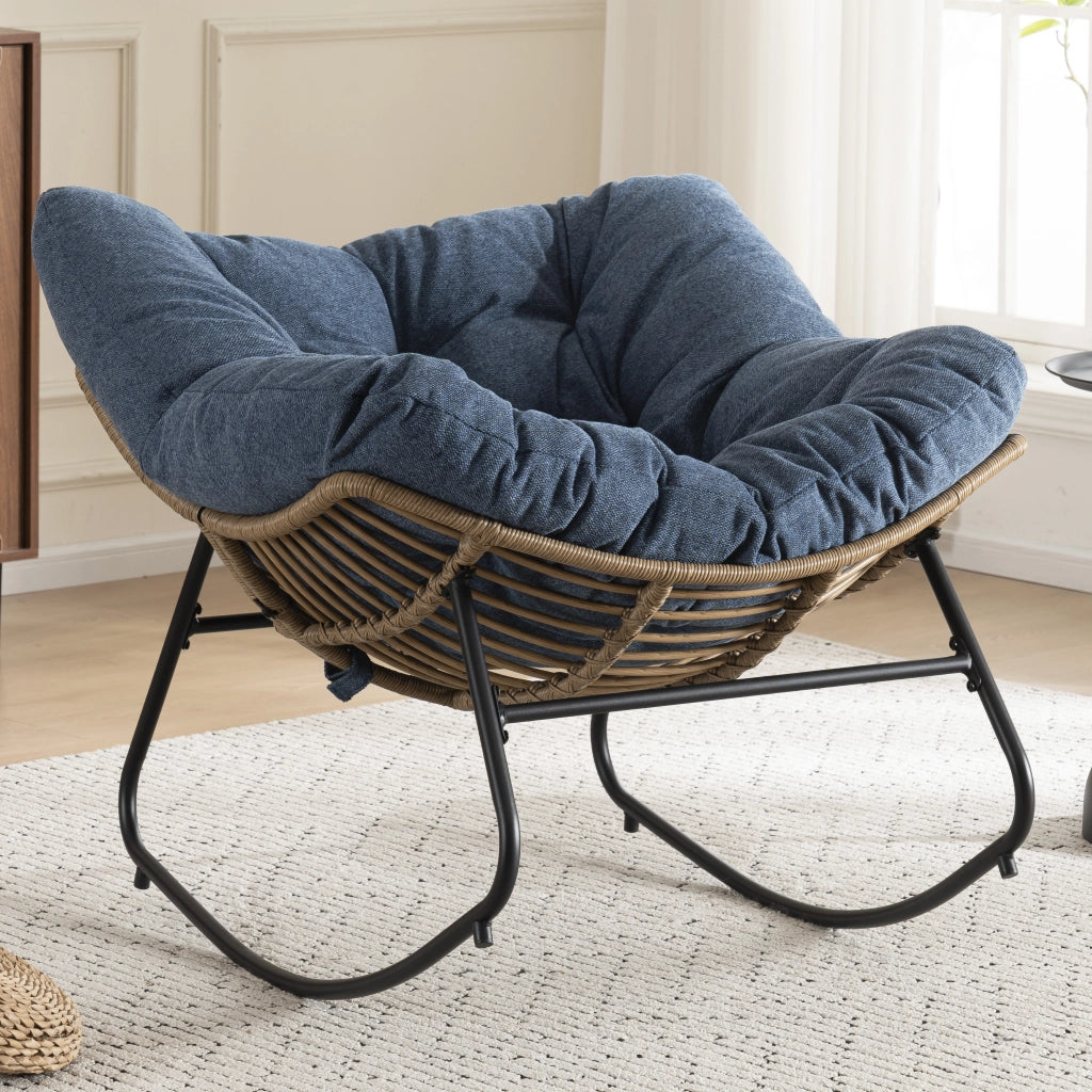 Poltrona Papasan a dondolo in ciniglia con struttura in metallo ergonomica per relax in soggiorno e esterno blu