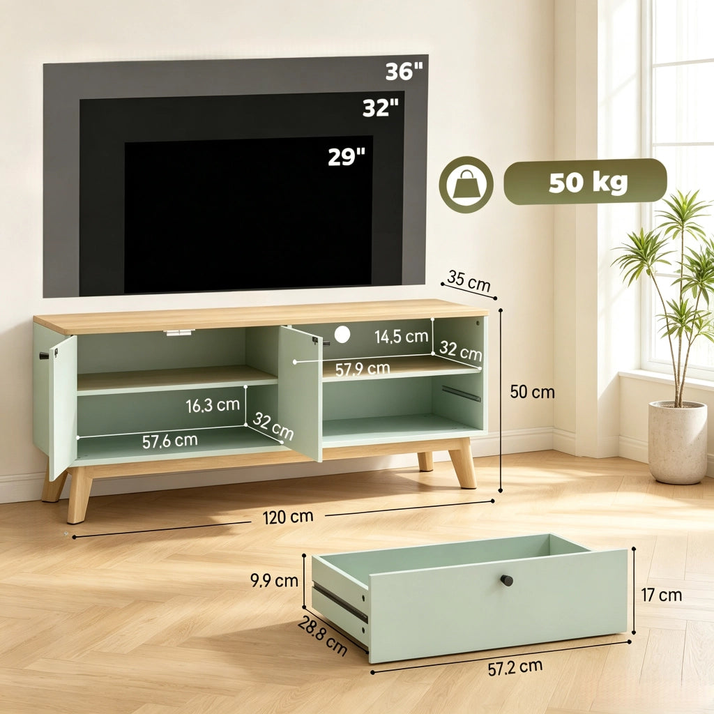 Mobile porta TV da 120 cm, adatto a televisori fino a 36 pollici con 2 ante, cassetto e vano a giorno (solo con 1 mobile porta TV).