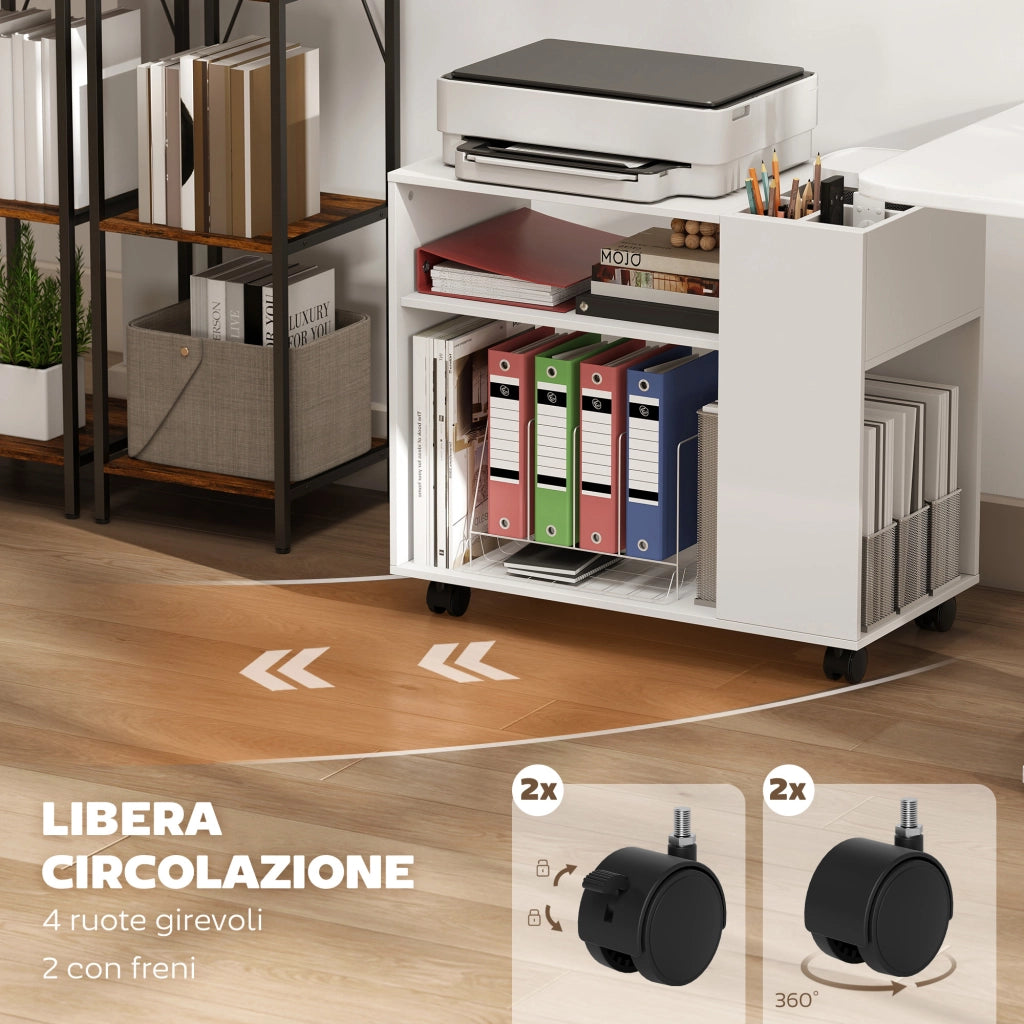 Tavolino da Salotto 70x36x60 cm con Ruote Vani Aperti Ripiano e Scomparto Superficie in Melamina Bianco