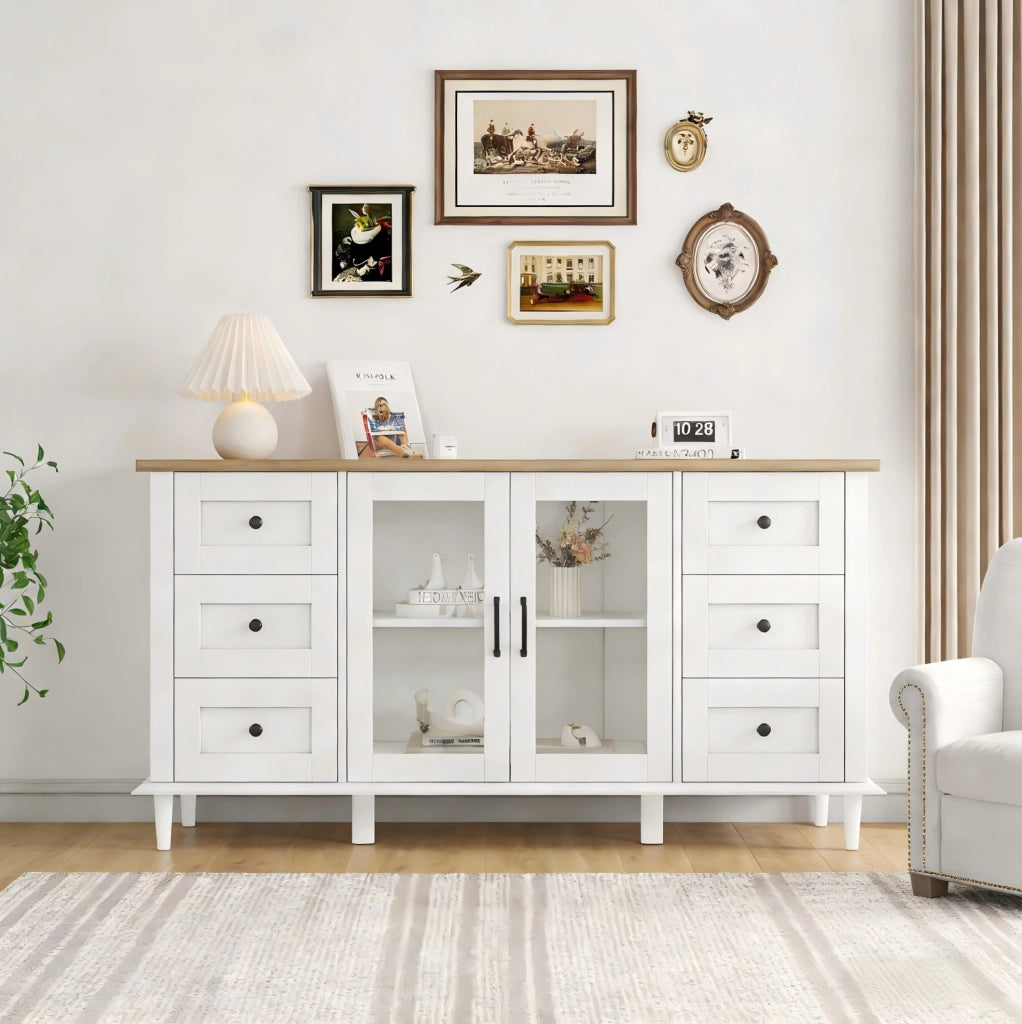 Sideboard 150x40x75 cm con 6 cassetti; 2 ante in acrilico e LED in MDF bianco e naturale