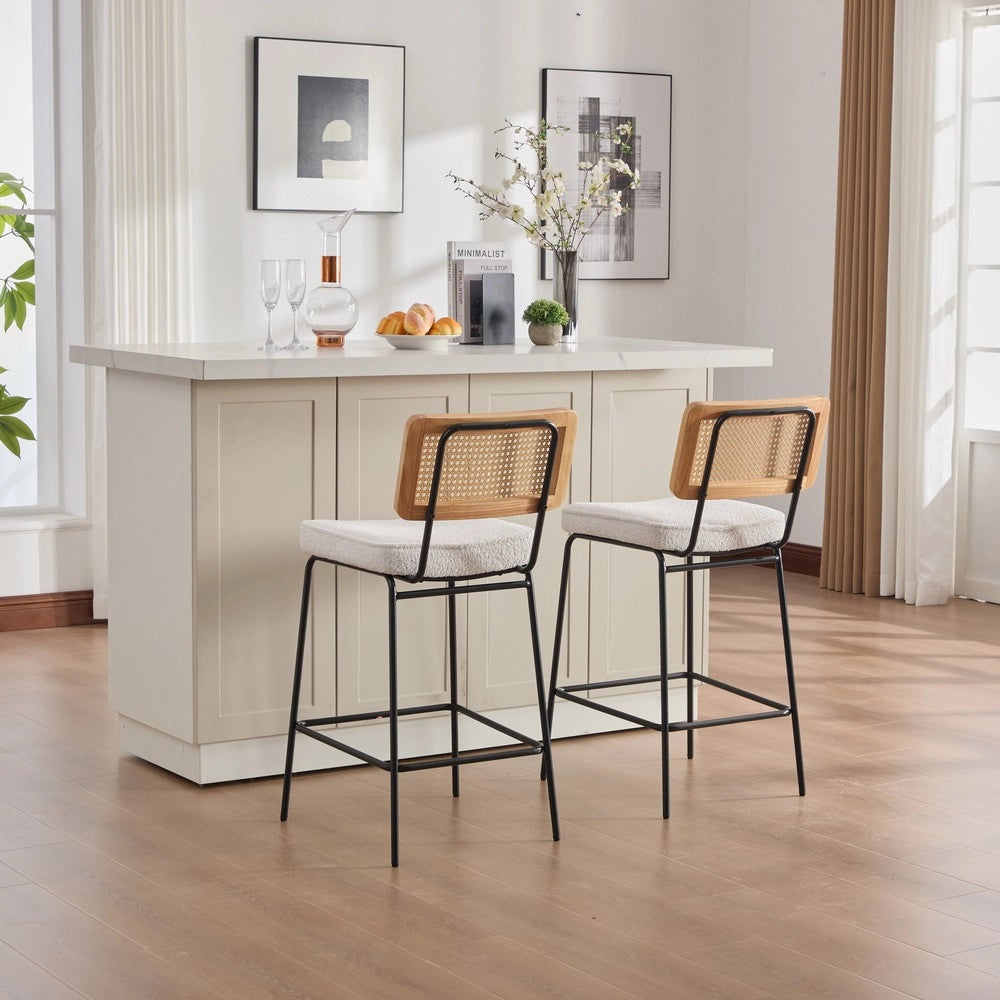 Sgabello da Bar Design ¨C MINIMAL ¨C Velluto Chenille, Schienale Rattan, Gambe Metallo, Avorio