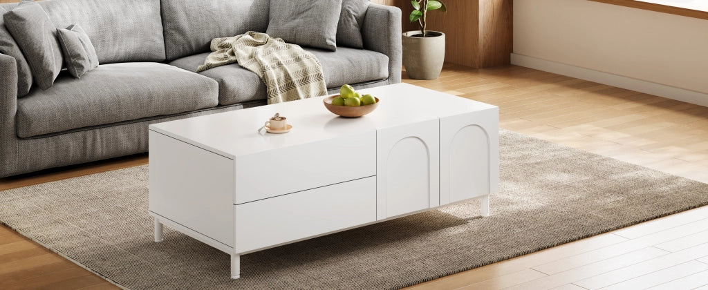 Tavolino basso con 2 cassetti e 2 ante vano chiuso per soggiorno in MDF e truciolare bianco 100 × 50 × 39,5 cm