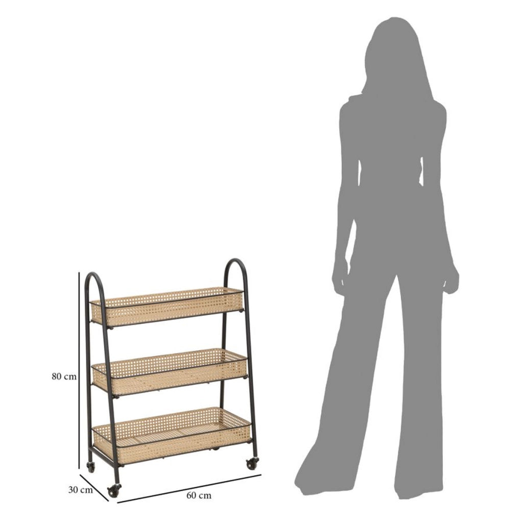 Carrello Fuji a 3 cesti in rattan e ferro nero su ruote — 60x30x80 cm