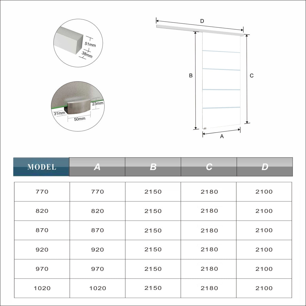 Porta Scorrevole Interna 82x215 cm in Vetro Temperato da 8 mm Opaco con Fasce Bianche Serigrafate Binario Alluminio Bianco