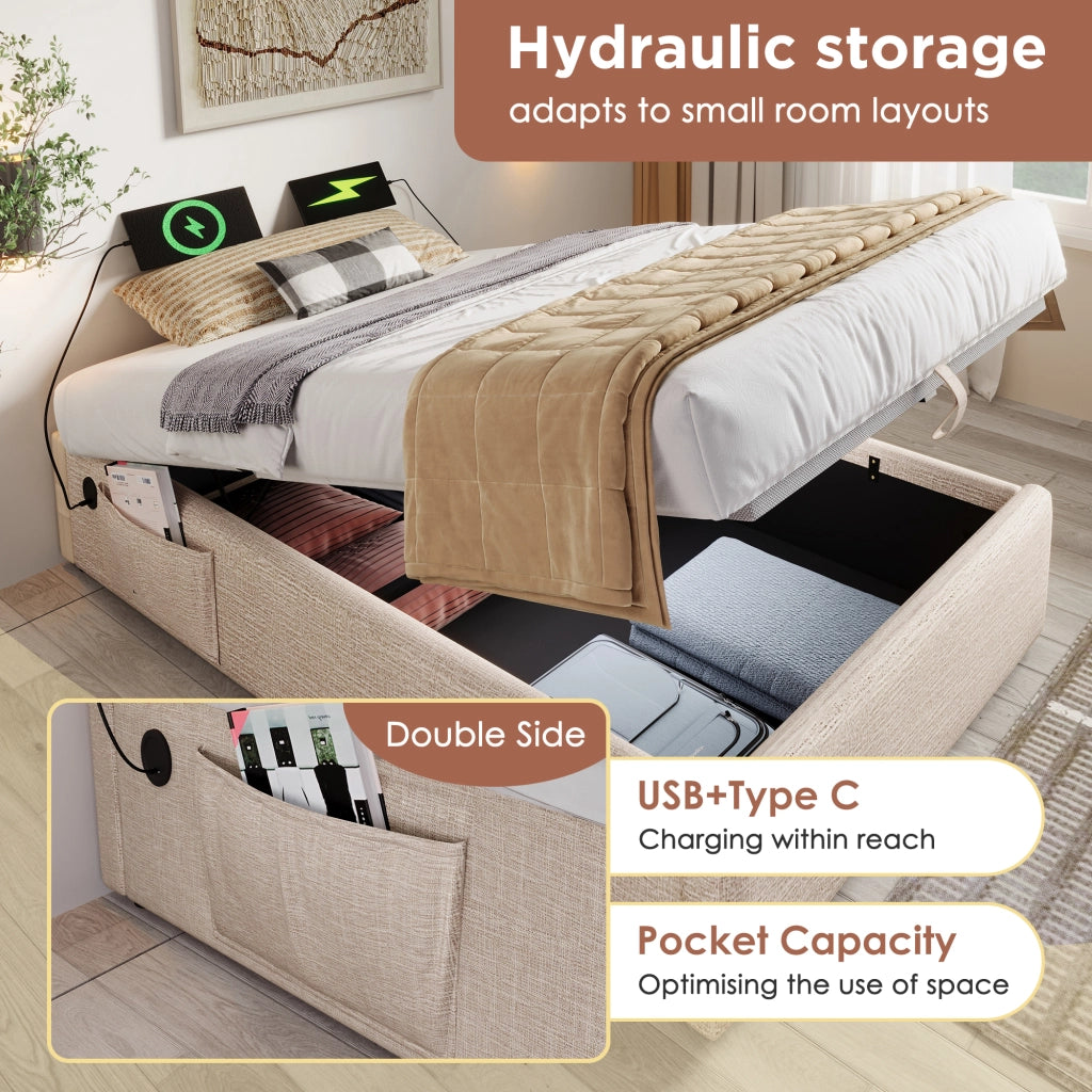 OKWISH Letto contenitore 90×200 cm, Letto Singolo con USB, Type C e Tasca Laterale, senza Materasso, in Lino, Beige Naturale