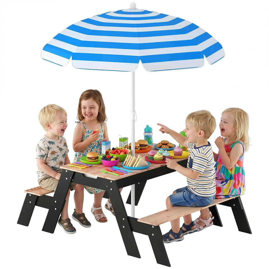 Tavolo da pranzo per bambini con sedie e ombrellone ¨C Minimal ¨C Legno naturale 90x90x50