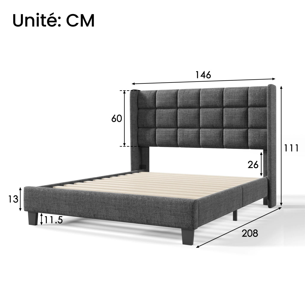 OKWISH Letto Imbottito 140×200 cm, Letto Matrimoniale con Testiera Imbottita Regolabile e Doghe, senza Materasso, in Lino - Grigio