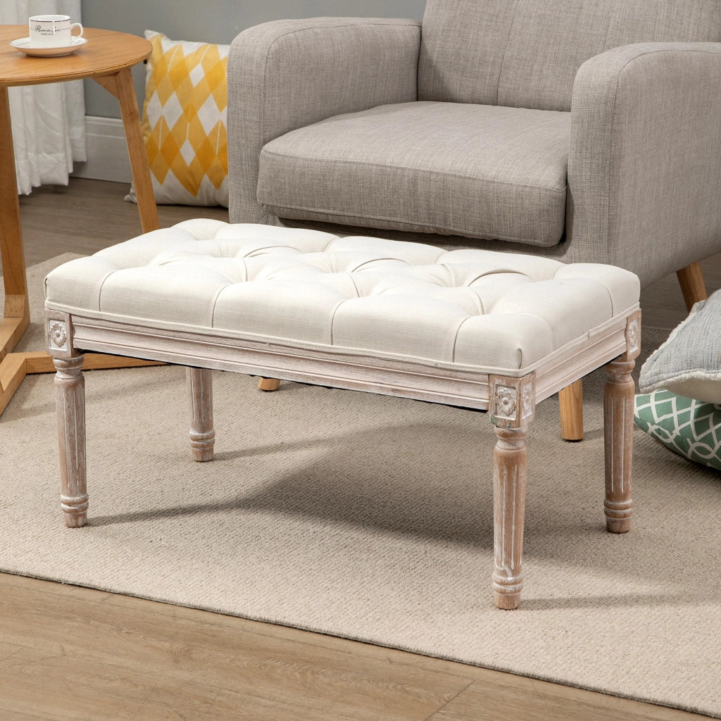 Pouf Imbottito in Tessuto e Legno ¨C Minimal ¨C 80x40x43 cm, Cremewei?